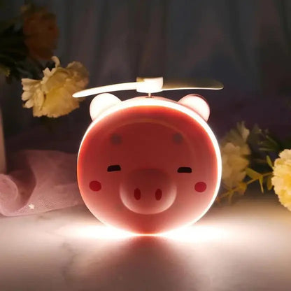 Cute Pig LED Mirror + USB Pocket Fan – Fill Light Makeup Mirror for Travel & Daily Touch‑Ups