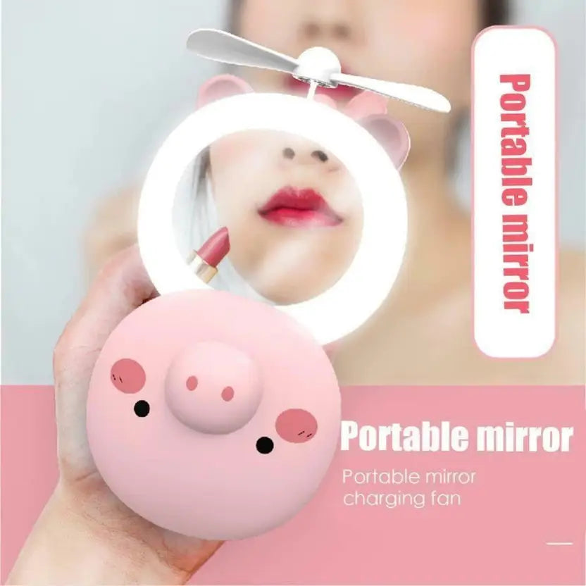 Cute Pig LED Mirror + USB Pocket Fan – Fill Light Makeup Mirror for Travel & Daily Touch‑Ups