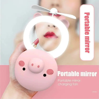 Cute Pig LED Mirror + USB Pocket Fan – Fill Light Makeup Mirror for Travel & Daily Touch‑Ups