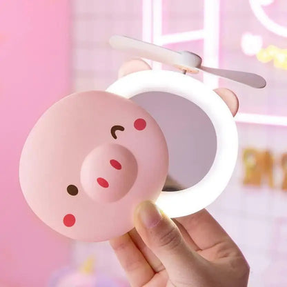 Cute Pig LED Mirror + USB Pocket Fan – Fill Light Makeup Mirror for Travel & Daily Touch‑Ups