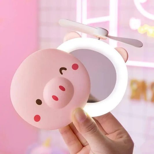 Cute Pig LED Mirror + USB Pocket Fan – Fill Light Makeup Mirror for Travel & Daily Touch‑Ups