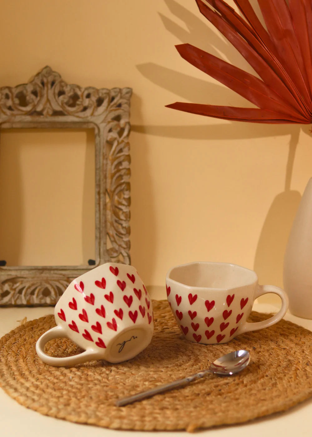 Handcrafted Ceramic Heart Mug + ‘All Heart’ Dessert Plate Set – Cute Gift for Couples & Coffee Lovers