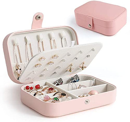 PU Leather Jewellery Organizer Box (Pink) – Compact Travel Case for Rings, Earrings & Necklaces