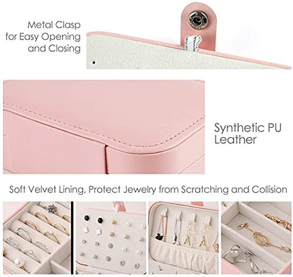 PU Leather Jewellery Organizer Box (Pink) – Compact Travel Case for Rings, Earrings & Necklaces