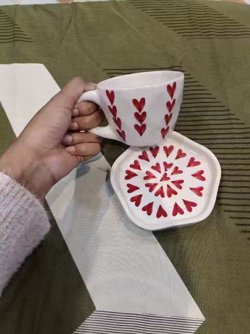 Handcrafted Ceramic Heart Mug + ‘All Heart’ Dessert Plate Set – Cute Gift for Couples & Coffee Lovers