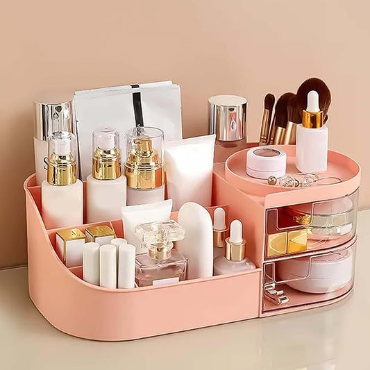 Makeup Organizer Stand with Drawer (Pink) – Vanity & Desk Cosmetic Storage for Daily Essentials