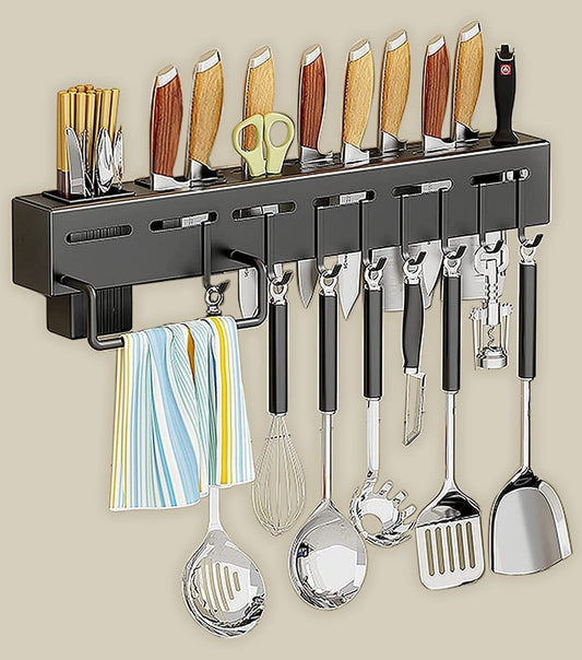 Cutlery Kitchen Rack (Black) – Wall‑Mount Utensil & Knife Holder for Space‑Saving Storage